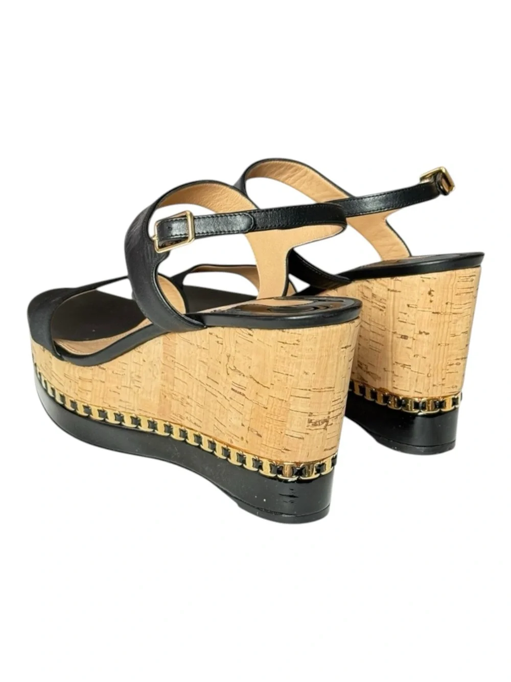 Salvatore Ferragamo ꔘ Mollie Chain Platform Wedge Sandals ꔘ Black Leather ꔘ 9.5B